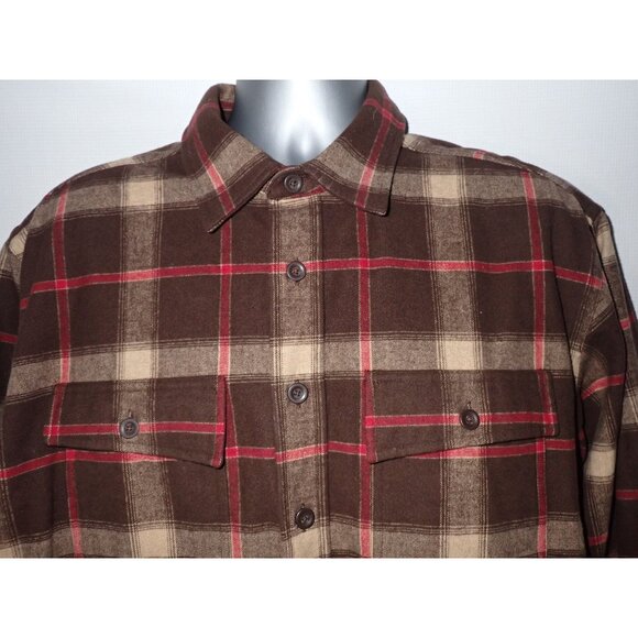 Mens Brown & Beige Long Sleeve Plaid Flannel Button-Up Shirt With Red Accents Si - Picture 3 of 7